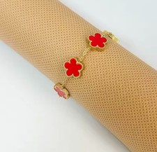 Stainless Steel Five Leaf Clover Bracelet - New 16 cm - Red Centerpiece