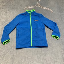 Lands' End Grid Fleece Jacket Boys S 6-7 Blue Green Trim Full Zip Long Sleeve