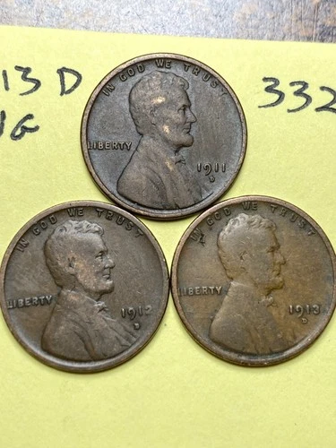 1911-D, 1912-D, 1913-D LINCOLN WHEAT CENT 3 COIN SET, VG condition, #332