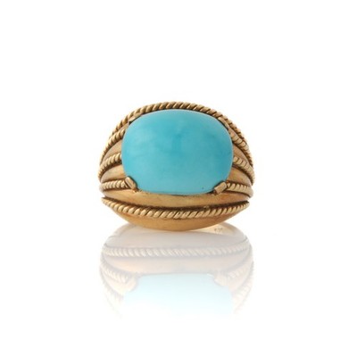 Türkis Cabochon Kuppel gedrehtes Seil Ring 18 Karat Gelbgold