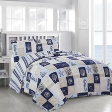 3-Piece Blue Reversible Patchwork Coastal Themed Full/Queen Microfiber Quilt Set