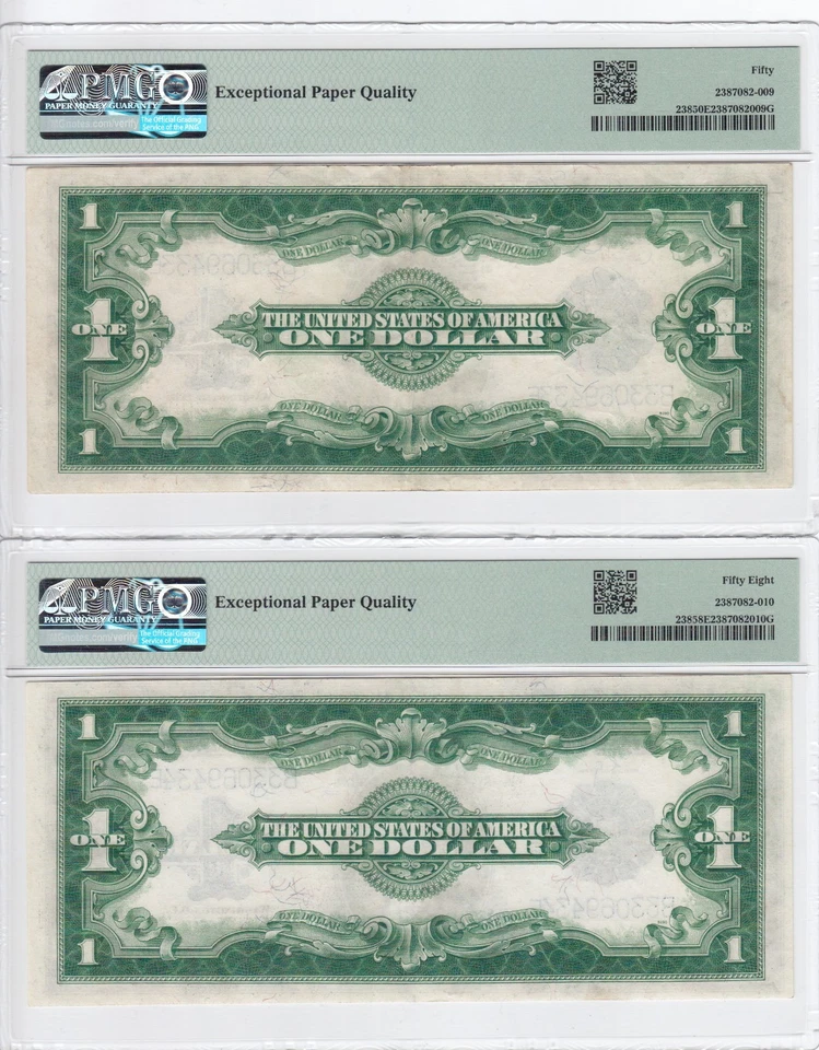 Consecutive Pair of 1923 $1 Silver Certificate Notes FR#238 PMG AU 50 & 58 EPQ - Image 2 of 4