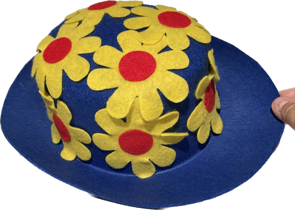 BLUE CLOWN DAISY DERBY HAT Costume Cap Funny Adult Bowler Yellow Flowers Mime  - Image 2 of 4