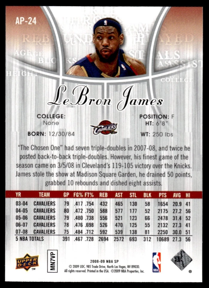 2008-09 SP Authentic Profiles LeBron James Cleveland Cavaliers #AP-24 R14 - Image 2 of 2