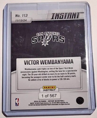 Victor Wembanyama 2024-25 Panini Instant NBA #113 Scores 50 For First Time /567 - Picture 2 of 4