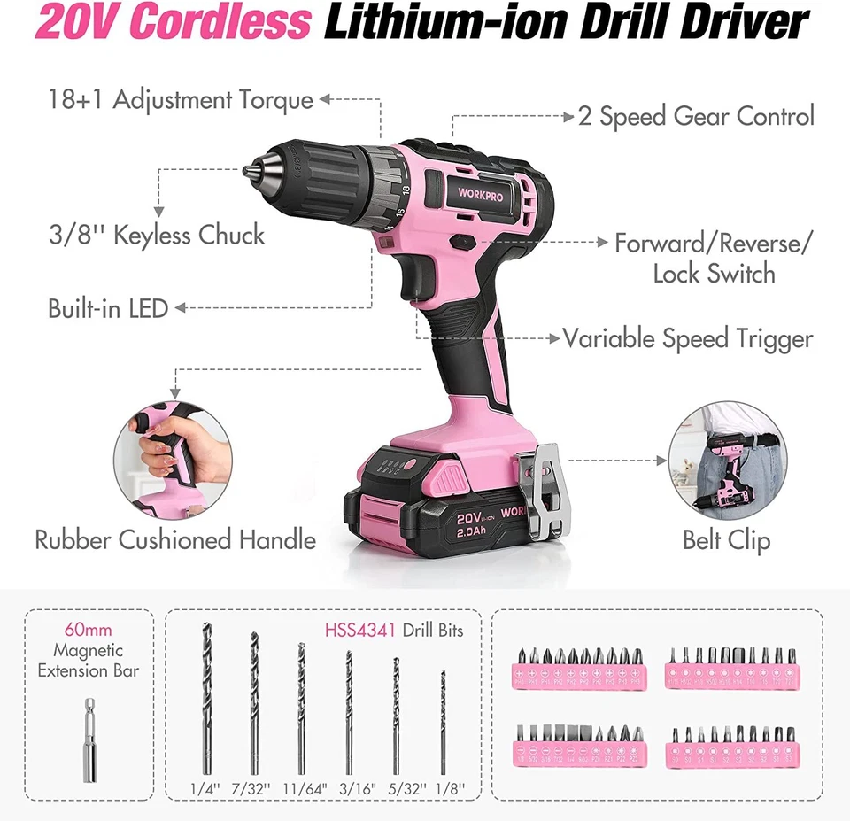 WORKPRO 157PC Home Tool Kit Drill Tool Set 20V Cordless Drill Gun Kit w/Tool Bag - Image 3 of 4