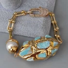 8" Cultured White Keshi Pearl Blue Larimar Gold Plated Chain Bracelet