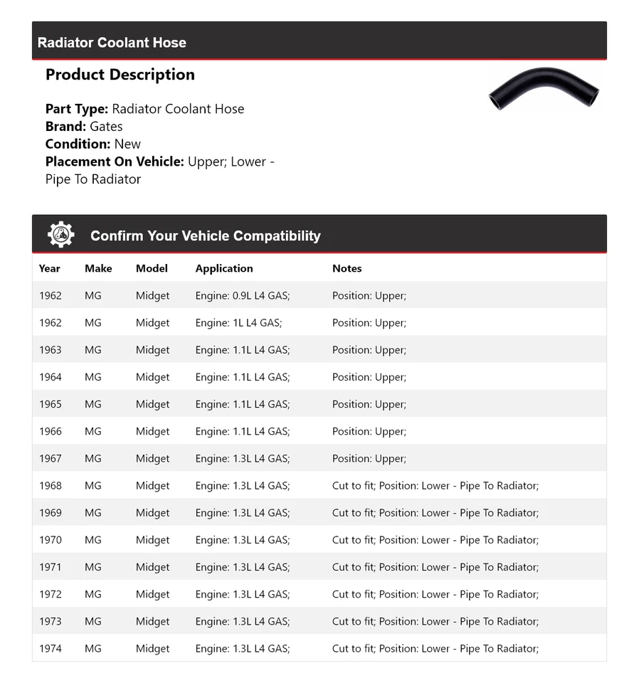 Puertas de manguera de refrigerante de radiador enano MG 1962-1974 1963 1964 1965 1966 1967 Foto 2 de 4