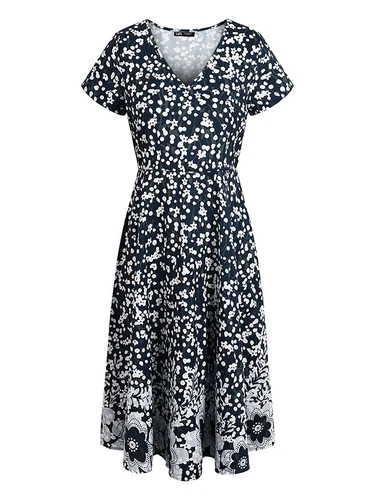 Womens Floral Boho Summer Midi Dress Ladies Short Sleeve V Neck Beach Sundress - Picture 11 of 15