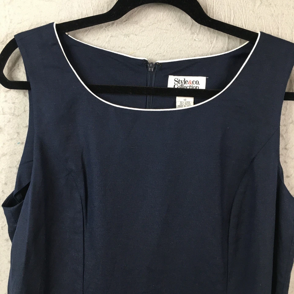 Vestido de lino azul marino para mujer 12 adornos blancos marinero oficina carrera crucero resort Foto 3 de 4