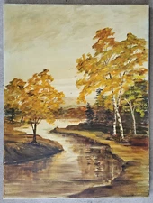 Vintage Mid-Century Oil on Canvas Painting Landscape River Fishing Autumn Colors