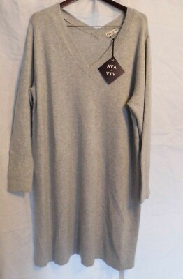 Ava & Viv XL (14W) Light Gray Sweater Dress with a V Neck line