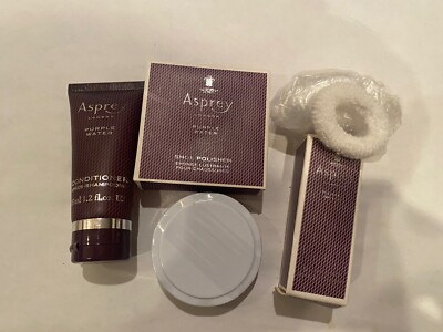 Ritz-Carlton Asprey Purple Water Travel Set of 3 Shower Cap Shoe Polish Conditio