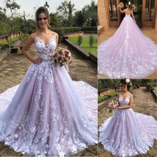 Lavender A Line Wedding Dresses Lace Applique Sweep Train Backless Bridal Gowns