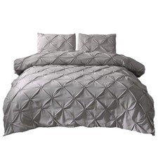 Pinch Pleat Duvet Cover 3 Piece Set Pintuck Pattern Microfiber F/Q Gray