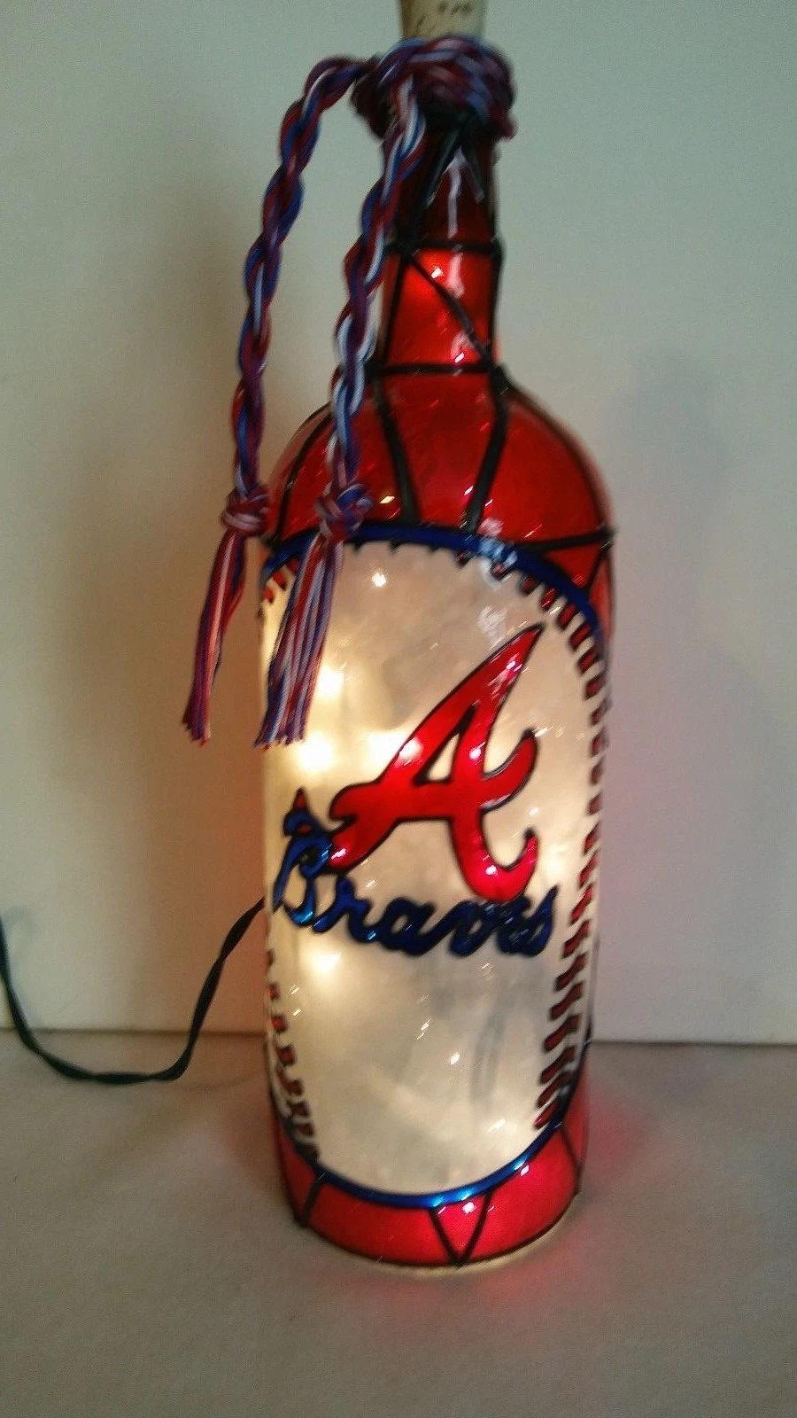 Atlanta Braves Inspired Bottle Lamp Hand painted Lighted Stained Glass Look