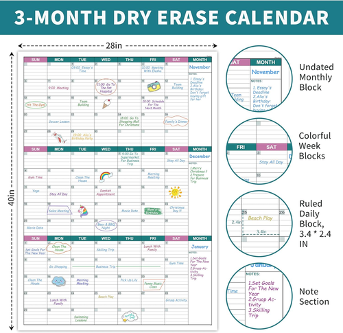Large Undated 3-Month Dry Erase Wall Calendar 28" X 40" - 第 3/12 張圖片