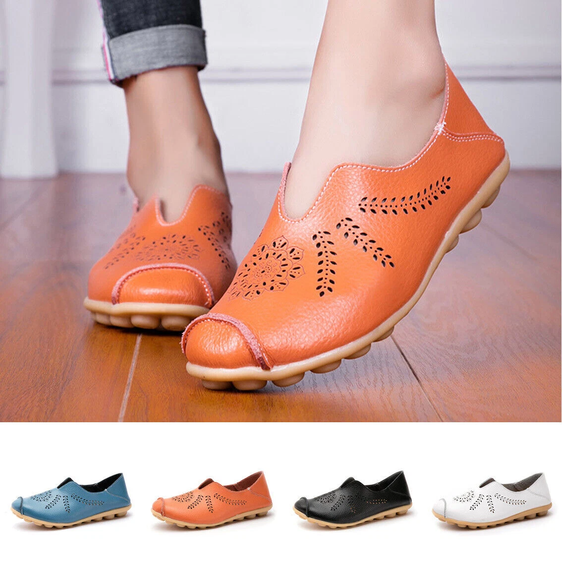 Women Hollow Floral Solid Shoes PU Leather Flats Casual Slip on