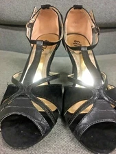 NEW  EFFIE 7 1/2 BLACK SUEDE/LEATHER OPEN TOE ANKLE STRAP HIGH HEELS
