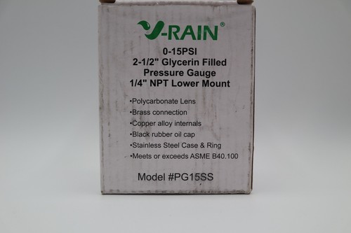 V-rain PG15SS 2-1/2" Glycerin Filled Pressure Gauge 1/4" NPT Lower Mount 0-15PSI - Picture 2 of 6