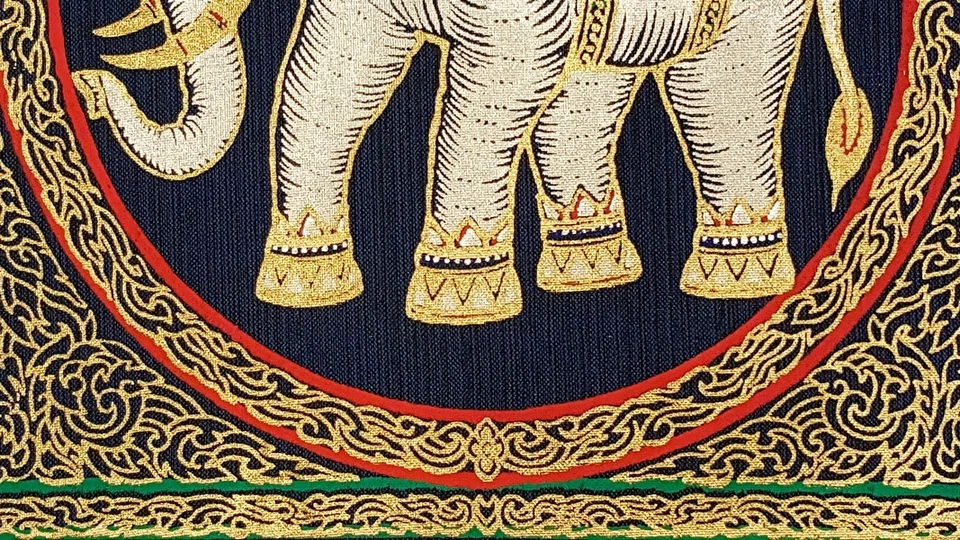 Dark Blue Thai Silk Painting White Elephant Art Poster Print Asian Home Decor - Image 4 of 4