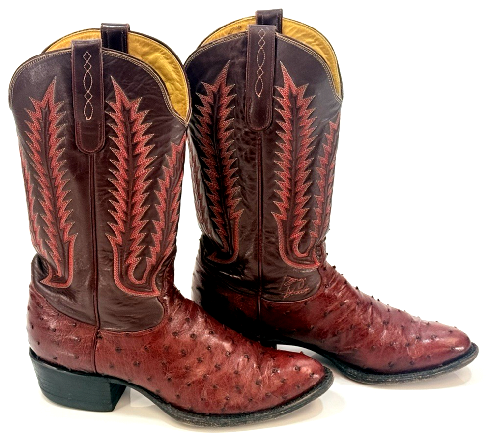 TONY LAMA] Mens Burgundy Full Quill Ostrich Leather Western Cowboy