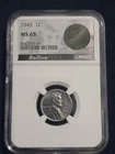 1943-D 1c Lincoln Steel Wheat Cent NGC MS65 WWII M6 Bazooka Rocket Bag Fragment
