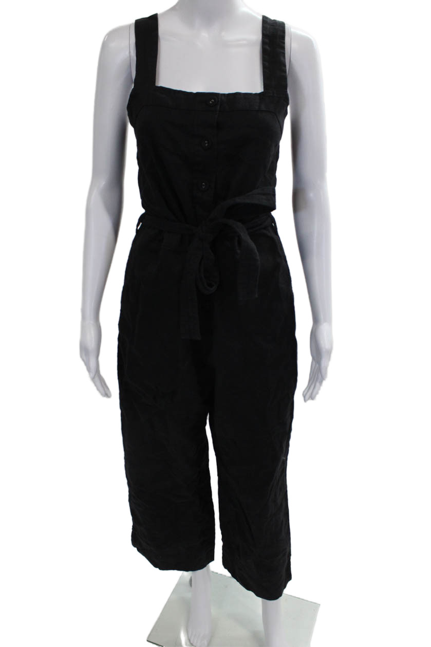 Everlane Women Jumpsuit Black Linen Square Neck Button Sleeveless Size 10Free Shipping in US $100+ Orders | $6.95 Orders Below