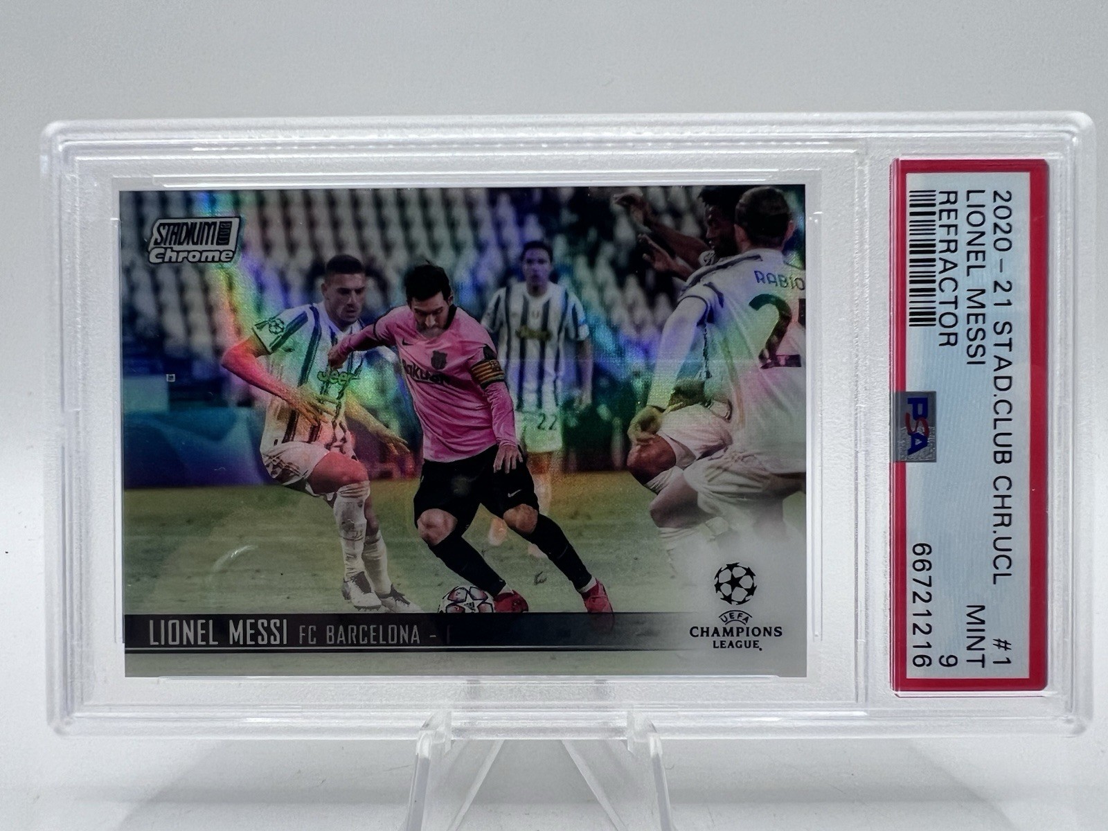 Lionel Messi 2020-21 Stadium Club Chrome UCL Refractor #1, PSA 9 POP 15