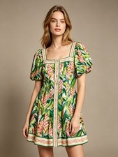 NWOT FARM Rio Square Neck Puff Sleeve Floral Tropical Print Mini Dress Size S