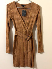 Forever 21 Brown Ribbed Knit Wrap Dress V-Neck Buckle Belt Long Sleeve Size S