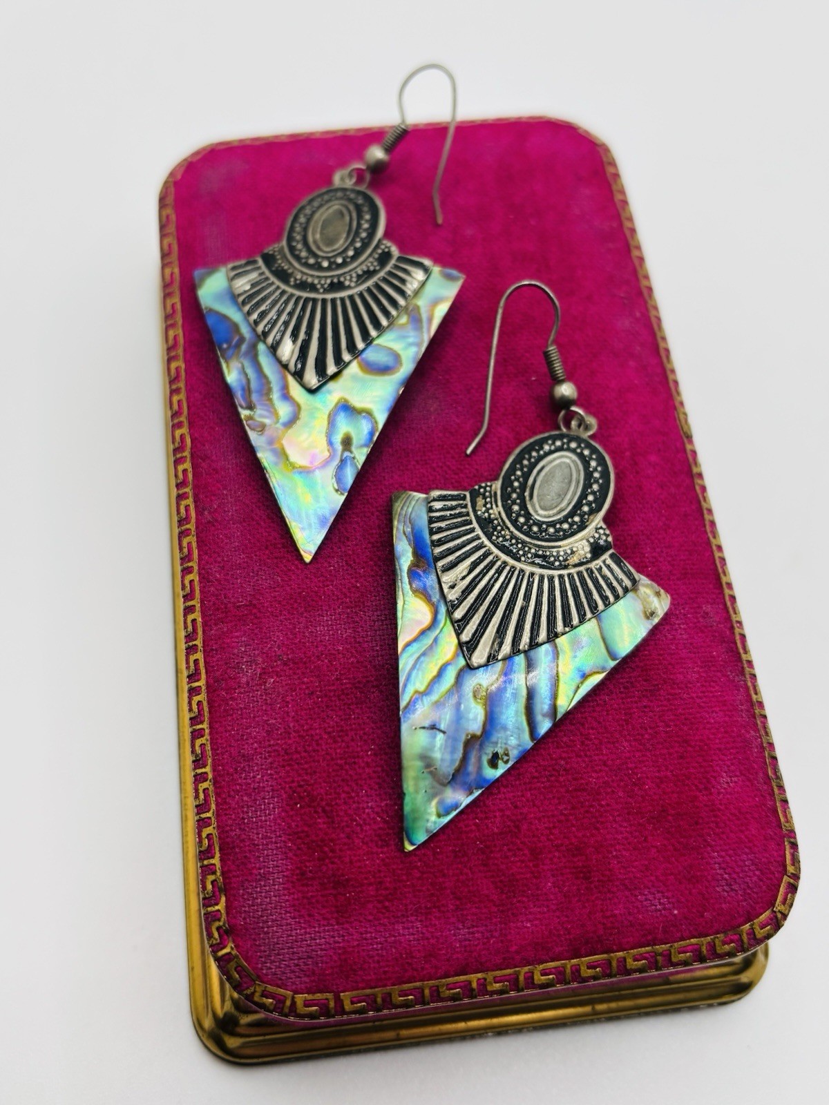 Vintage MOP Abalone Shell Triangle Drop Dangle Ea… - image 1