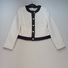 J.Crew Cropped Lady Jacket Womens 8 White Tweed Black Trim Gold Crest Button