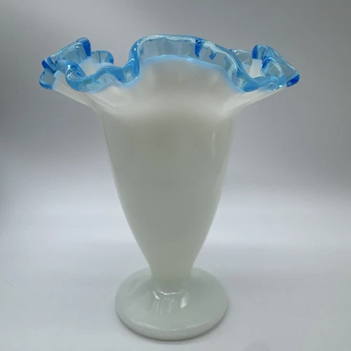 Fenton Milk Glass Aqua Blue Crest Fan Vase 6" Tall