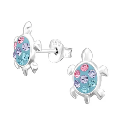 Schildkröte Kinder Ohrringe mit Kristallen 925 Silber Mädchen Ohrstecker Schmuck - Bild 1 von 4