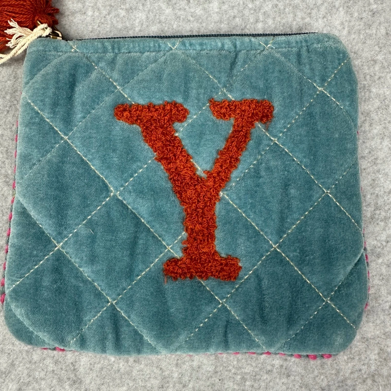 Macchia di Ruggine Teal Quilted Velvet Initial Y Cosmetic Bag 60B3129 New