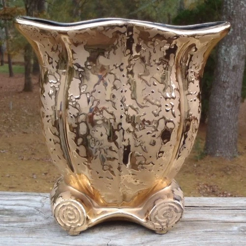 Mid Century McCoy Pottery Sunburst Gold Art Deco Scroll Footed Flared 7" VASE EC