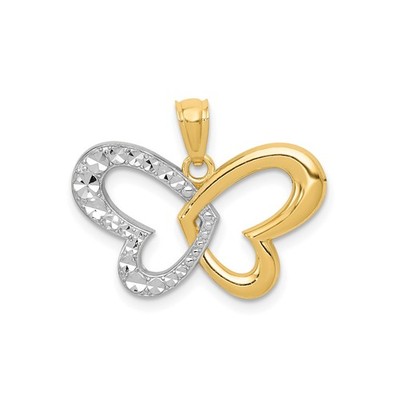 14K Bicolor Gold Schmetterling Anhänger Offen Herz Flügel Diamantschliff Rhodium Damen