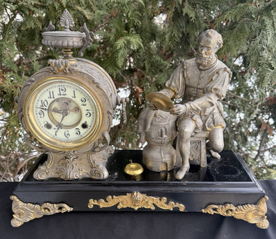 C 1900 New Haven Bernard Palissy Figural Statue Mantle Clock - Open Escapement