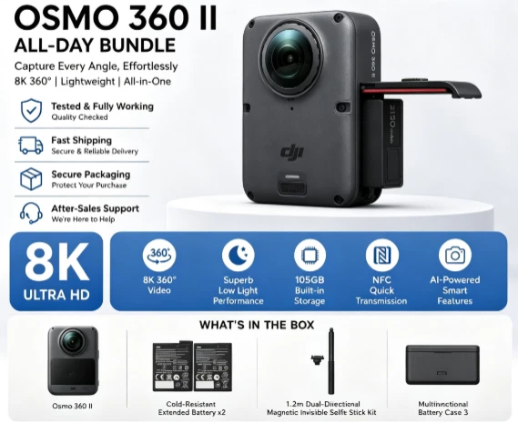 DJI Osmo 360 II Adventure Bundle Camera 8K 60fps 360° Action Battery Case Selfie - Picture 1 of 6