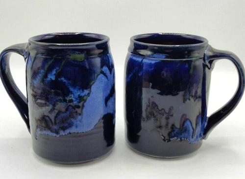 Vintage Pair Pottery Coffee Tea Beer Mugs Artist Signed Cobalt Blue Drip Glaze