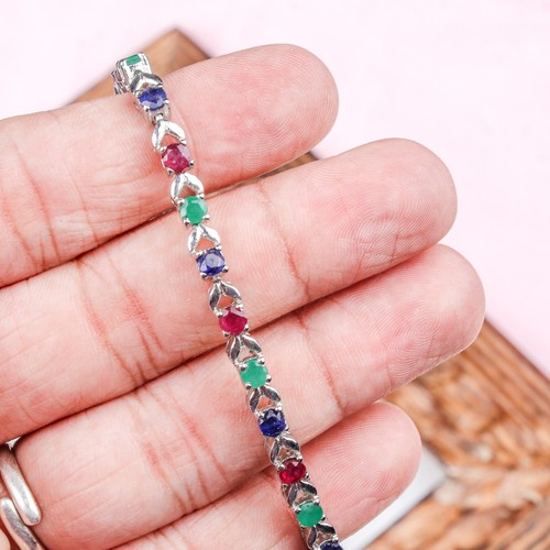 Multi Gemstone Distance Tennis Bracelet, 925 Silver Dainty Layering New Bracelet - Picture 3 of 5