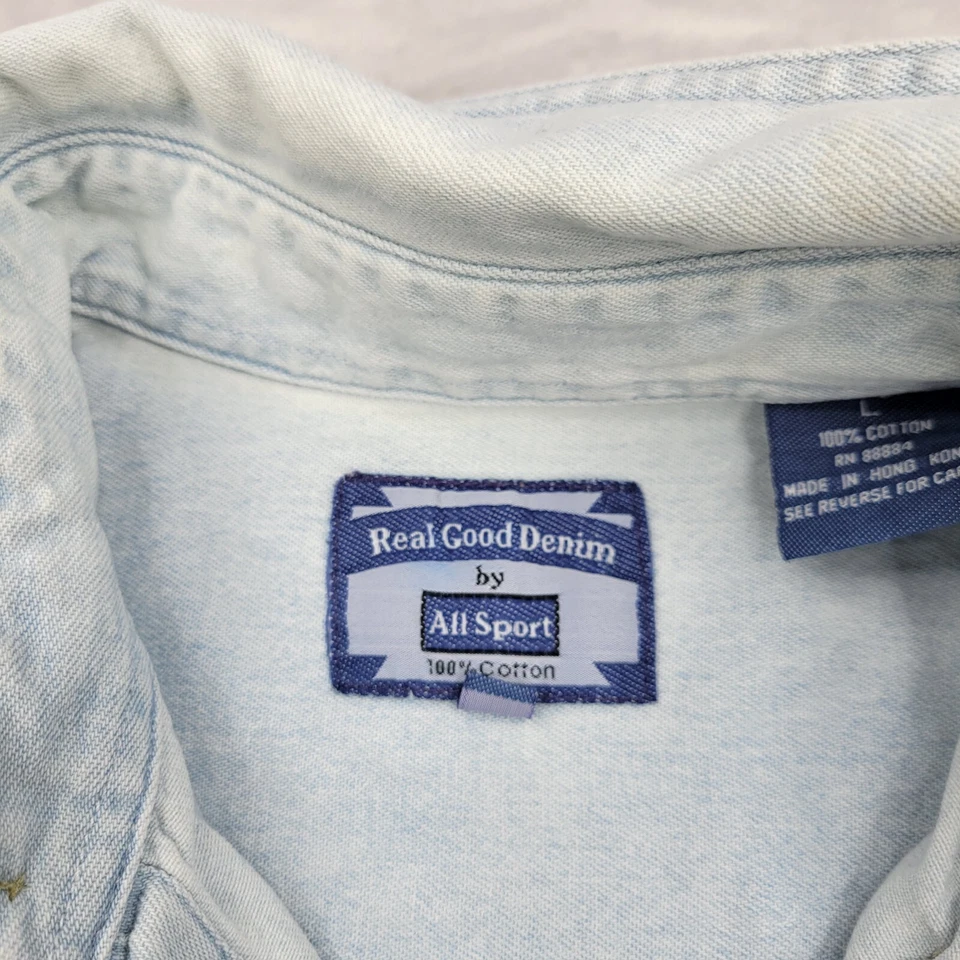 All Sport Denim Shirt Mens Large Blue Jean Button Up Bear USA Flag Vintage Adult - Image 3 of 4