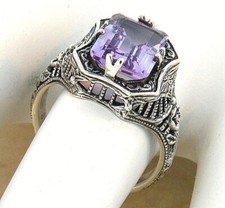 GENUINE AMETHYST 925 STERLING SILVER ART DECO STYLE SOLITAIRE FILIGREE RING 244