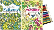 A4 Pattern/Flowers Relaxing Anti-Stress Adult Colouring Books + 20 BG Pencils