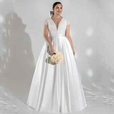Short Sleeves Lace Wedding Dresses Plus Size V Neck A Line Corset Bridal Gowns