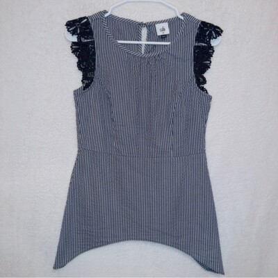 CAbi #5727 Blue White Stripe Sleeveless Lace Flutter Top size XS