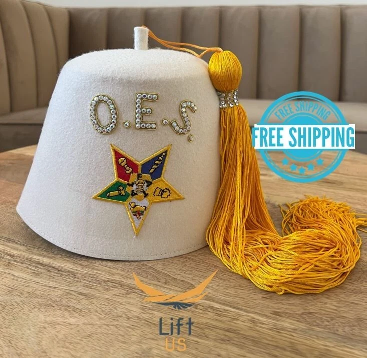 ORDEN DE SOMBRERO EAST STAR FEZ OES FEZ, HECHO A MEDIDA OES FEZ GORRA BLANCA RhineStone Foto 4 de 4