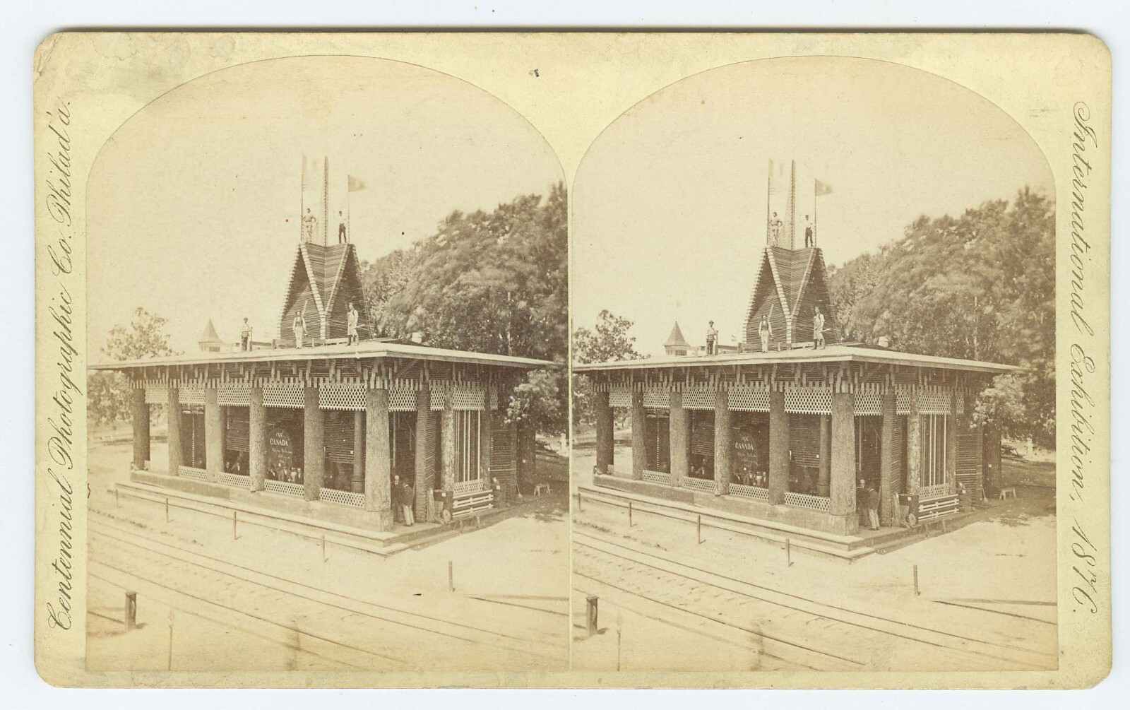 D1159~ CENTENNIAL EXPOSITION 1876 Stereoview – Canada Log House Exhibit