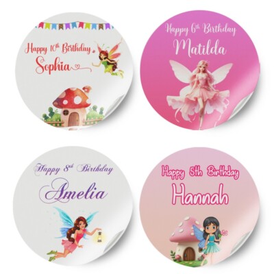 Personalisierte Feen Design beliebiger Name Geburtstag Aufkleber Party Deko Etikett 36